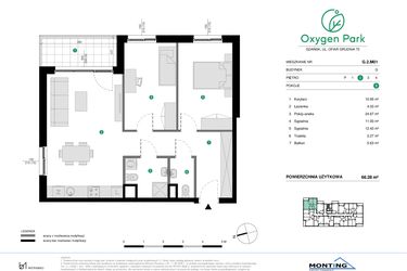 Rzut - Mieszkanie na sprzedaż 3 pokoje o powierzchni 66,28 m² - numer G.2.M01 w Oxygen Park etap III