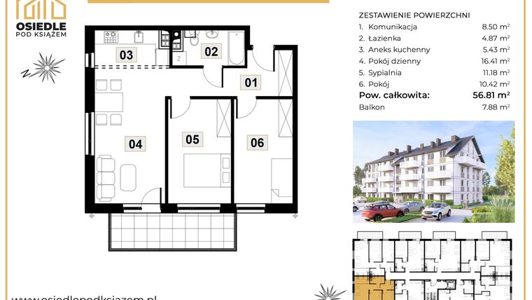 Rzut - Mieszkanie na sprzedaż 3 pokoje o powierzchni 56,81 m² - numer M22 w Osiedle Pod Książem