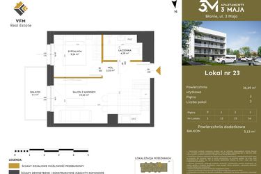 Rzut - Mieszkanie na sprzedaż 2 pokoje o powierzchni 36,69 m² - numer 23 w Apartamenty 3 Maja