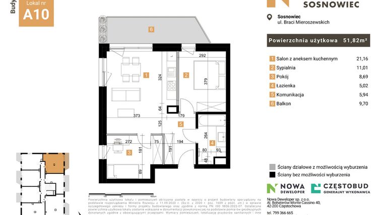 Rzut - Mieszkanie na sprzedaż 3 pokoje o powierzchni 51,82 m² - numer 10 w Nowy Sosnowiec