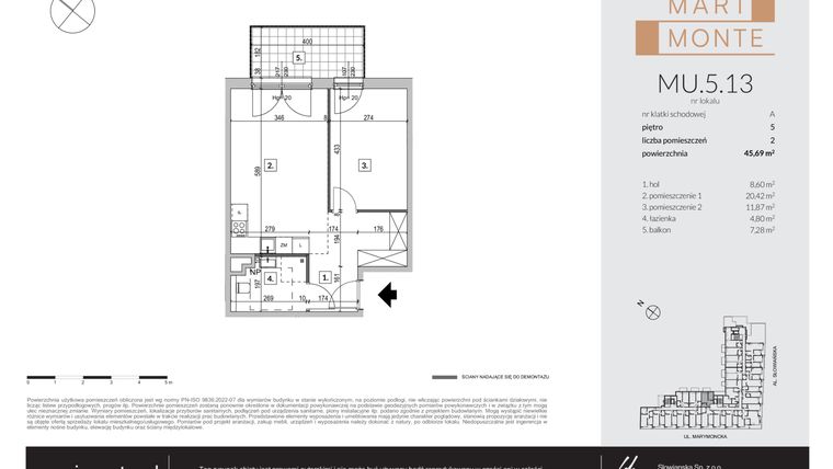 Rzut - Mieszkanie na sprzedaż 2 pokoje o powierzchni 45,69 m² - numer MU.5.13 w Marimonte - apartamenty inwestycyjne