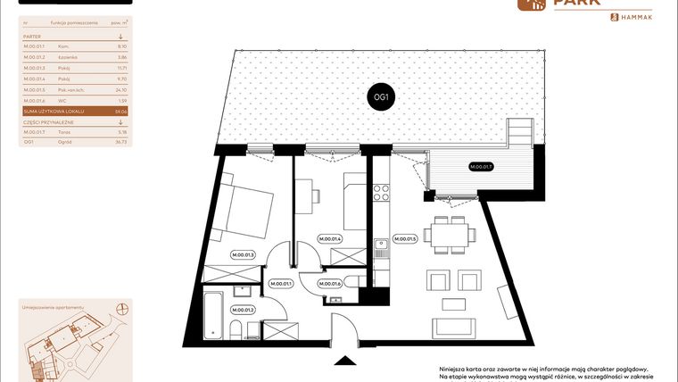 Rzut - Mieszkanie na sprzedaż 3 pokoje o powierzchni 59,06 m² - numer 0.01 w Białoprądnicka Park