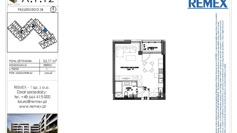 Rzut - Mieszkanie na sprzedaż 1 pokój o powierzchni 35,77 m² - numer A.1.12 w Osiedle BALTICA