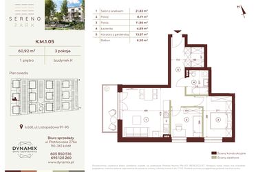 Rzut - Mieszkanie na sprzedaż 3 pokoje o powierzchni 60,92 m² - numer K.M.1.05 w Sereno Park