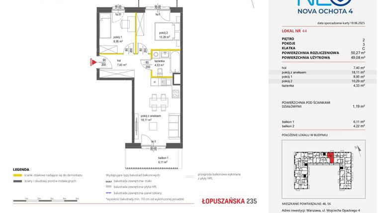 Rzut - Mieszkanie na sprzedaż 3 pokoje o powierzchni 50,27 m² - numer 44 w Neo Nova Ochota 4