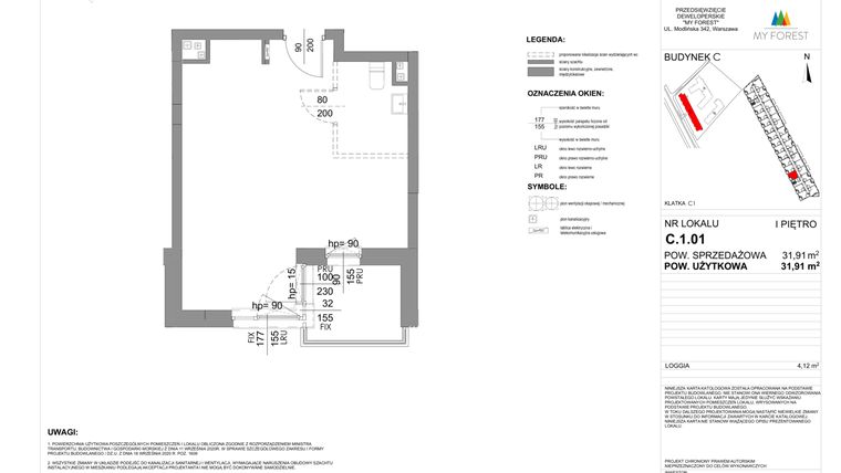 Rzut - Mieszkanie na sprzedaż 1 pokój o powierzchni 31,91 m² - numer C.1.01 w My Forest - Apartamenty inwestycyjne