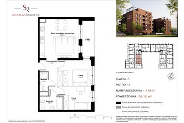 Rzut - Mieszkanie na sprzedaż 3 pokoje o powierzchni 57,76 m² - numer A-04-01 w Siedlecka Residence
