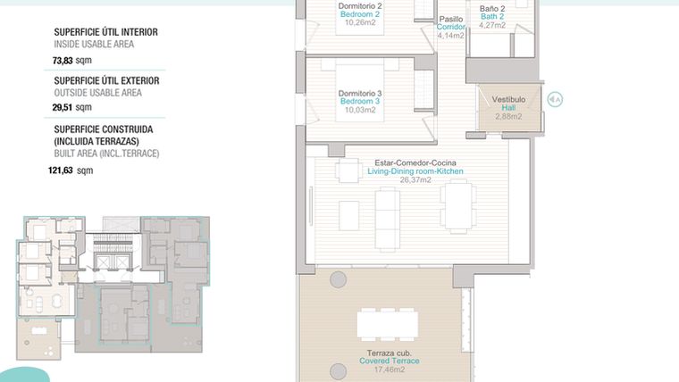 Rzut - Mieszkanie na sprzedaż 3 pokoje o powierzchni 121,63 m² - numer T2-16A w Isea Views