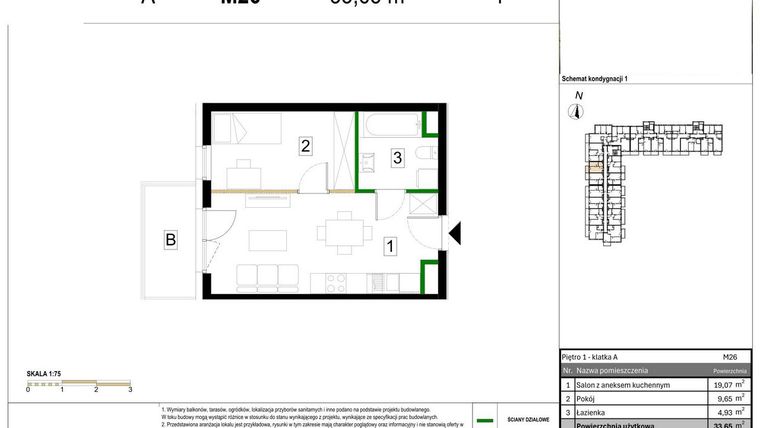Rzut - Mieszkanie na sprzedaż 2 pokoje o powierzchni 33,65 m² - numer M26 w Zagórskie Tarasy