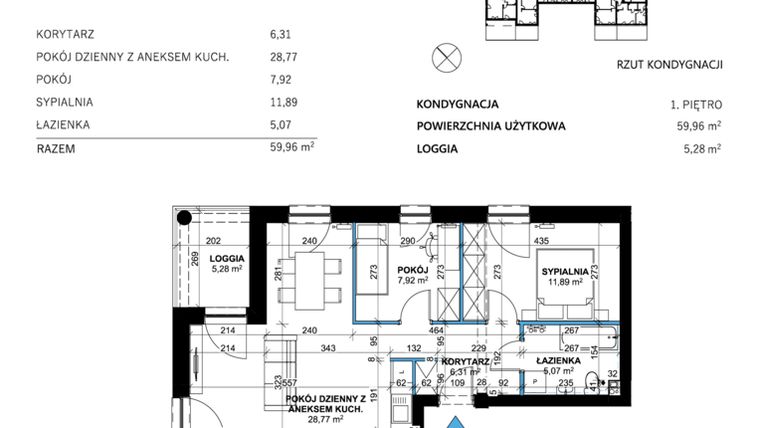 Rzut - Mieszkanie na sprzedaż 3 pokoje o powierzchni 59,97 m² - numer 1 w Comfort Corner