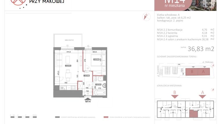 Rzut - Mieszkanie na sprzedaż 2 pokoje o powierzchni 36,83 m² - numer 14 w Przy Makowej