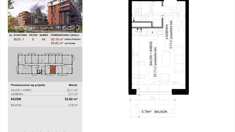 Rzut - Mieszkanie na sprzedaż 1 pokój o powierzchni 25,82 m² - numer 64 w M|City