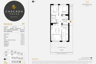 Rzut - Mieszkanie na sprzedaż 4 pokoje o powierzchni 69,25 m² - numer 1.1 w CASCADA House
