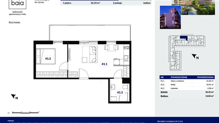 Rzut - Mieszkanie na sprzedaż 2 pokoje o powierzchni 36,25 m² - numer E2 w Apartamenty Casa Baia