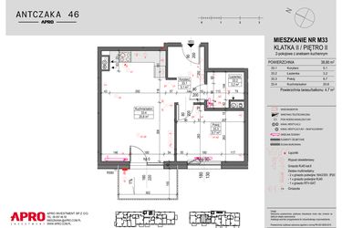 Rzut - Mieszkanie na sprzedaż 2 pokoje o powierzchni 38,8 m² - numer 33 w Antczaka 46