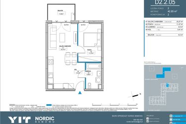 Rzut - Mieszkanie na sprzedaż 2 pokoje o powierzchni 42,85 m² - numer D2.2.05 w Nordic Bemowo - etap IV