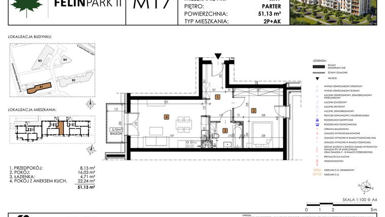 Rzut - Mieszkanie na sprzedaż 2 pokoje o powierzchni 51,13 m² - numer M17 w Felin Park II