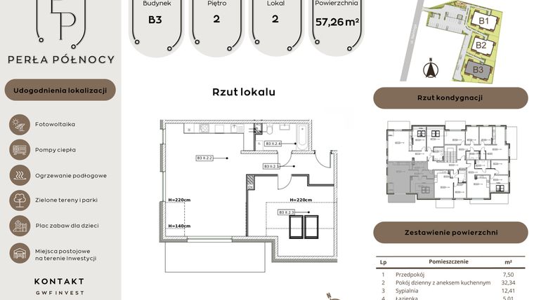 Rzut - Mieszkanie na sprzedaż 2 pokoje o powierzchni 57,26 m² - numer B3.2_2 w Perła Północy etap 2