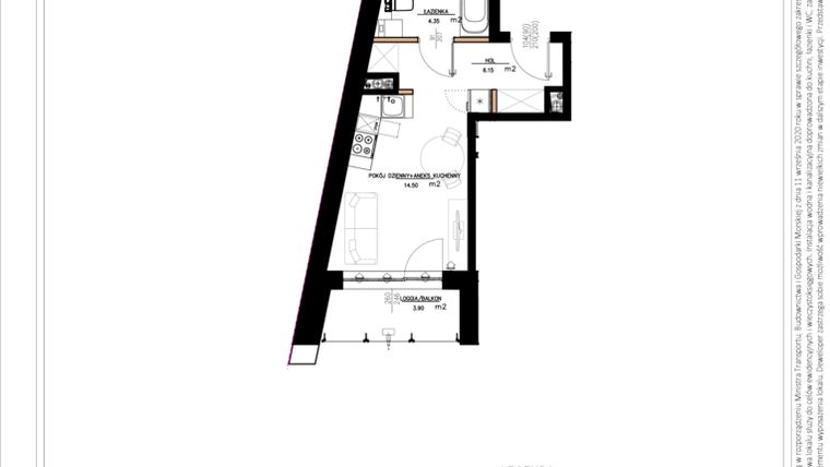 Rzut - Mieszkanie na sprzedaż 1 pokój o powierzchni 25,55 m² - numer A.4.50 w Daszyńskiego Square etap 1