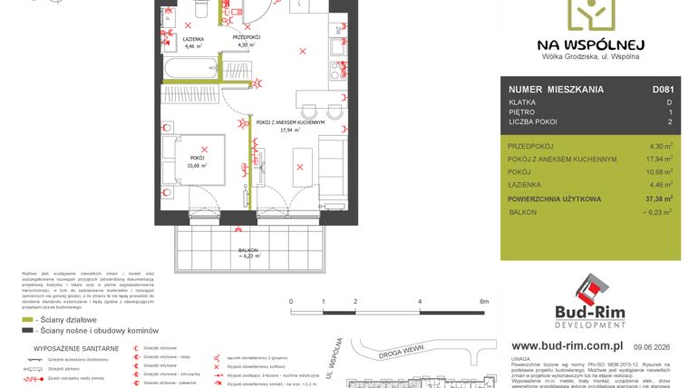 Rzut - Mieszkanie na sprzedaż 2 pokoje o powierzchni 37,38 m² - numer D81 w Na Wspólnej etap 2