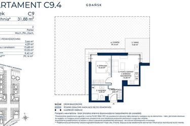 Rzut - Mieszkanie na sprzedaż 2 pokoje o powierzchni 31,63 m² - numer C9.4 w Sol Marina etap III