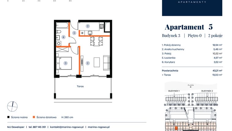 Rzut - Mieszkanie na sprzedaż 2 pokoje o powierzchni 43,21 m² - numer 5 w Apartamenty Marina Rogowo