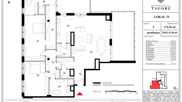 Rzut - Mieszkanie na sprzedaż 3 pokoje o powierzchni 172,56 m² - numer A.5.31 w Rezydencja Tagore