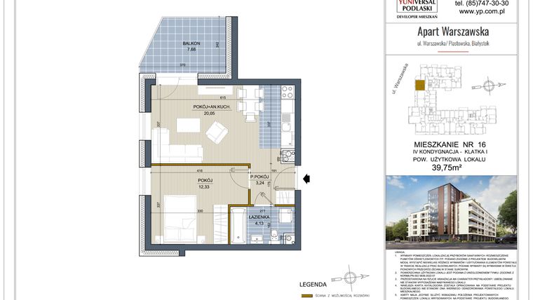 Rzut - Mieszkanie na sprzedaż 2 pokoje o powierzchni 39,75 m² - numer 16 w Apart Warszawska