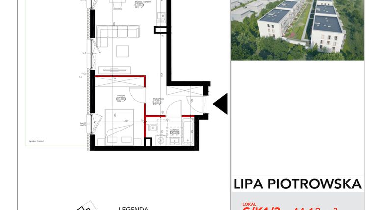 Rzut - Mieszkanie na sprzedaż 2 pokoje o powierzchni 44,13 m² - numer C/1/3 w Lipa Piotrowska