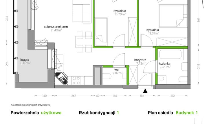 Rzut - Mieszkanie na sprzedaż 3 pokoje o powierzchni 59,5 m² - numer SV/36 w Sikorskiego Vita