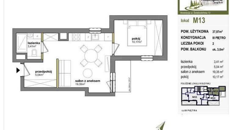 Rzut - Mieszkanie na sprzedaż 2 pokoje o powierzchni 37,97 m² - numer M13 w Międzylesie przy lesie