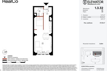 Rzut - Mieszkanie na sprzedaż 1 pokój o powierzchni 37,53 m² - numer EZ.1.3.32 w Elewator - Mieszkania i Lofty
