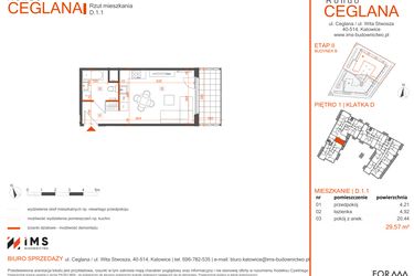 Rzut - Mieszkanie na sprzedaż 1 pokój o powierzchni 29,62 m² - numer D.1.1 w Rondo Ceglana etap II