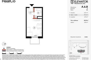 Rzut - Mieszkanie na sprzedaż 1 pokój o powierzchni 28,95 m² - numer A.6.8 w Elewator - Mieszkania i Lofty