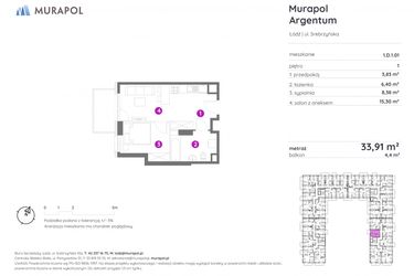 Rzut - Mieszkanie na sprzedaż 2 pokoje o powierzchni 33,62 m² - numer 1.D.1.01 w Murapol Argentum