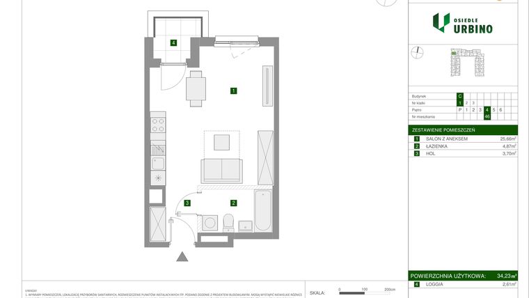 Rzut - Mieszkanie na sprzedaż 1 pokój o powierzchni 34,23 m² - numer 1.3.C.46 w Osiedle Urbino