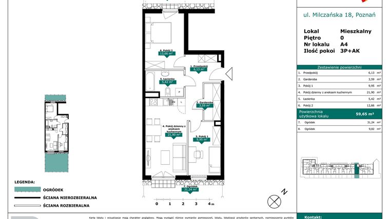 Rzut - Mieszkanie na sprzedaż 3 pokoje o powierzchni 59,65 m² - numer A4 w Milczańska 18