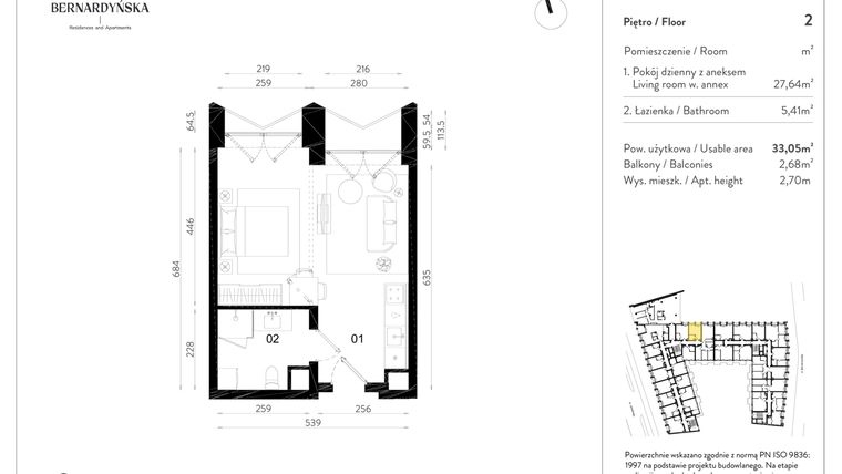 Rzut - Mieszkanie na sprzedaż 1 pokój o powierzchni 33,06 m² - numer A/2/03 w Bernardyńska 4