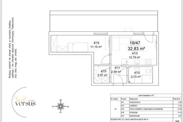 Rzut - Mieszkanie na sprzedaż 2 pokoje o powierzchni 32,83 m² - numer 19/47 w Osiedle Versus etap II