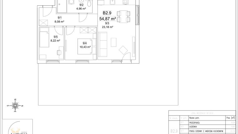 Rzut - Mieszkanie na sprzedaż 3 pokoje o powierzchni 54,87 m² - numer B2.9 w Osiedle Versus