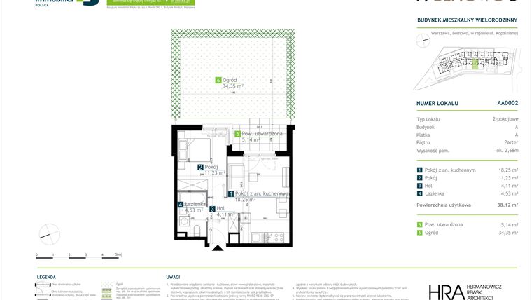 Rzut - Mieszkanie na sprzedaż 2 pokoje o powierzchni 38,12 m² - numer AA0002 w M Bemowo 3