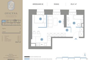 Rzut - Mieszkanie na sprzedaż 1 pokój o powierzchni 33,61 m² - numer 22 w Oficyna - Apartamenty Inwestycyjne Apart Hotel