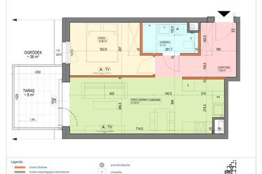Rzut - Mieszkanie na sprzedaż 2 pokoje o powierzchni 42,96 m² - numer B1.0.02.2a w Junique I.II