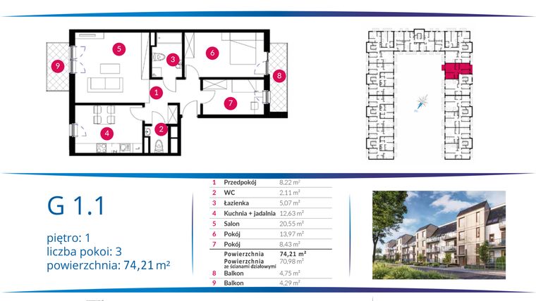 Rzut - Mieszkanie na sprzedaż 3 pokoje o powierzchni 74,21 m² - numer G 1.1 w Supernova