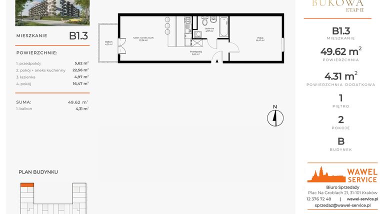Rzut - Mieszkanie na sprzedaż 2 pokoje o powierzchni 49,62 m² - numer B1.3 w Enklawa Bukowa II