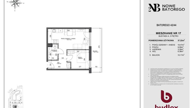 Rzut - Mieszkanie na sprzedaż 2 pokoje o powierzchni 37,23 m² - numer A17 w Nowe Batorego 2