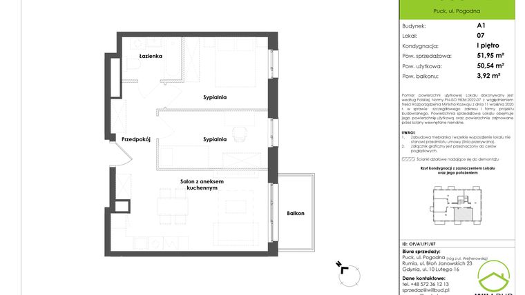 Rzut - Mieszkanie na sprzedaż 3 pokoje o powierzchni 50,54 m² - numer OP/A1/P1/07 w Osiedle Pogodne etap I