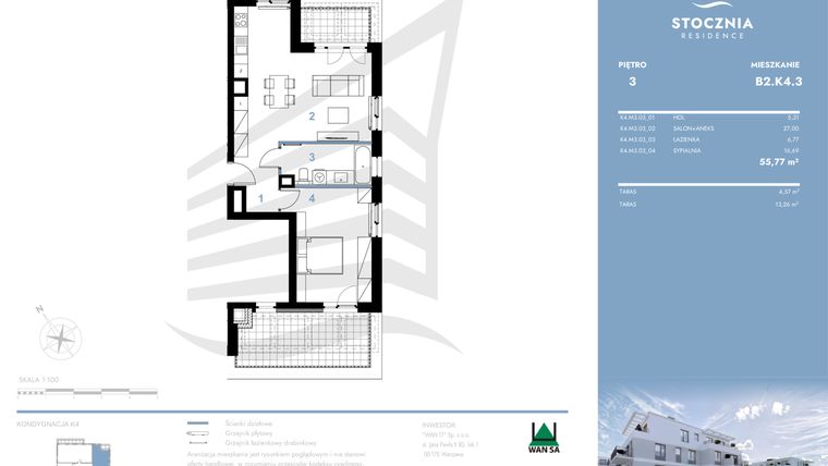 Rzut - Mieszkanie na sprzedaż 2 pokoje o powierzchni 55,77 m² - numer B2.K4.3 w Stocznia Residence
