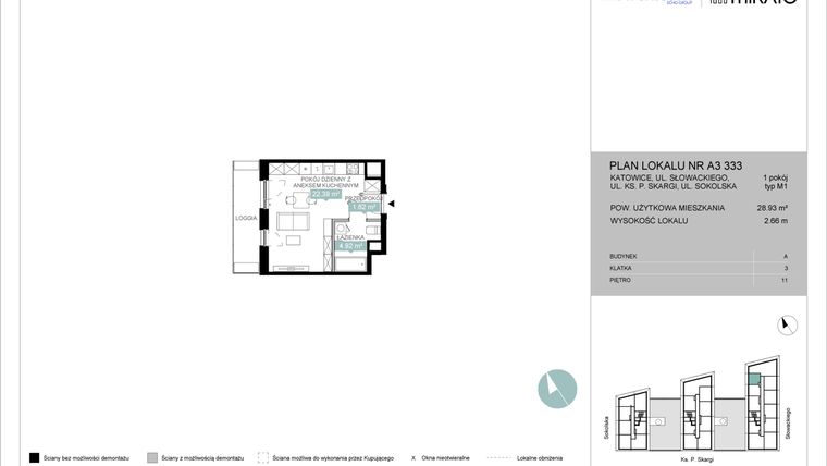 Rzut - Mieszkanie na sprzedaż 1 pokój o powierzchni 28,96 m² - numer A3 333 w Mikato