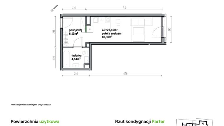 Rzut - Mieszkanie na sprzedaż 1 pokój o powierzchni 27,49 m² - numer A09 w Traugutta Vita